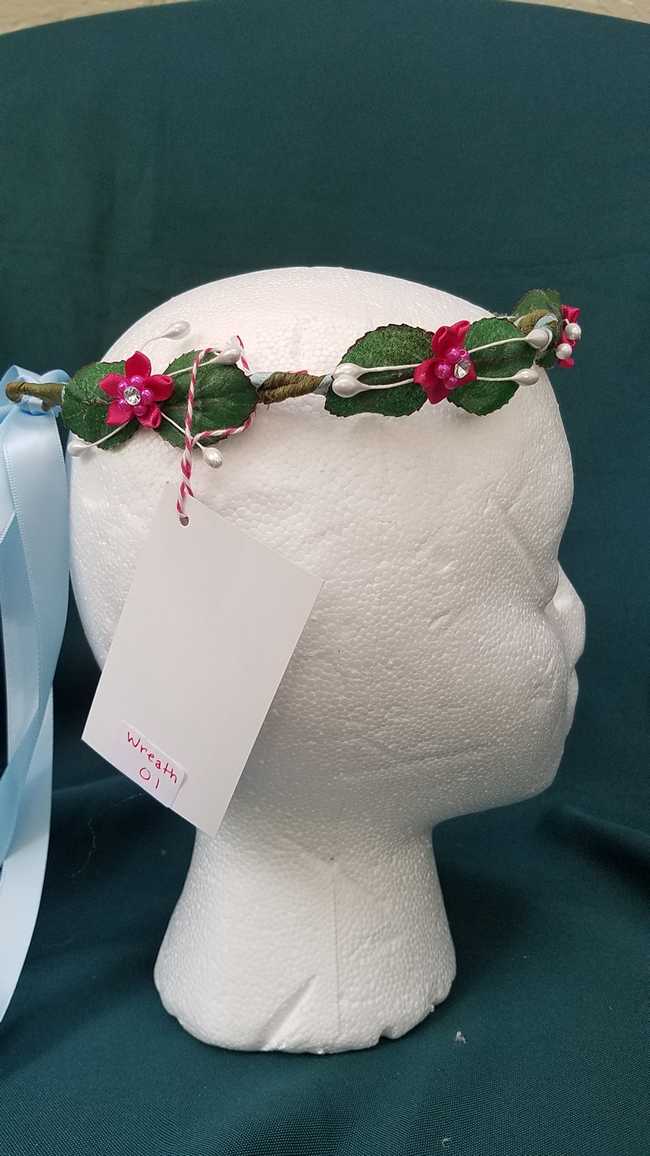Hair Wreath - Adjustable Size - Flower Fairy - Fuschia Flowers - Blue Satin Ribbon - Wedding - Festival - Hand Made