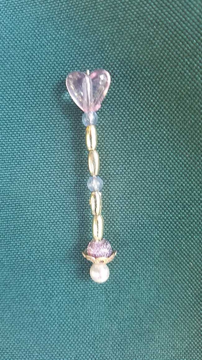 Miniature Fairy  Wand - Dolls - Silver & Purple Beads - Pearls - Pink Heart - 2