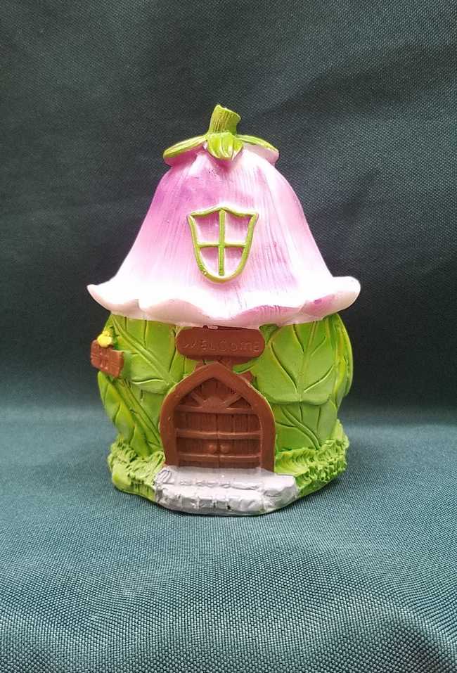 Miniature Resin Fairy House - Green Leaves - Flower Roof - Brown Door - 4
