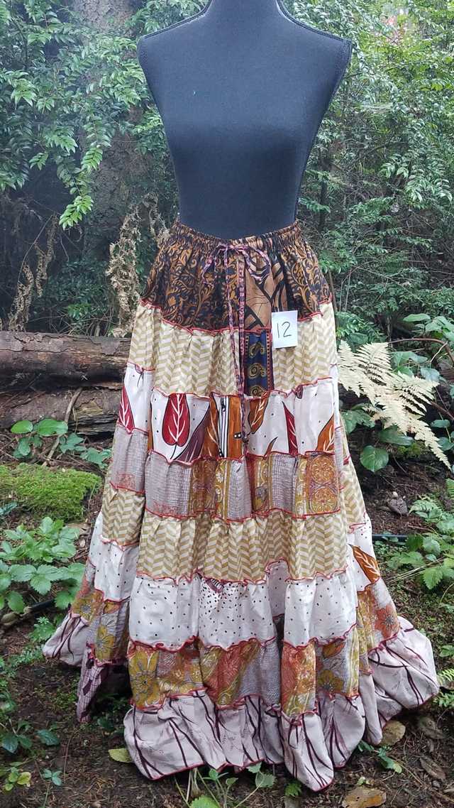 Maxi Skirt - Brown/Ivory/Black - Elastic Waist - 8 Tiers - Indian - Banjara - Tribal - Festival - Silk - One Size