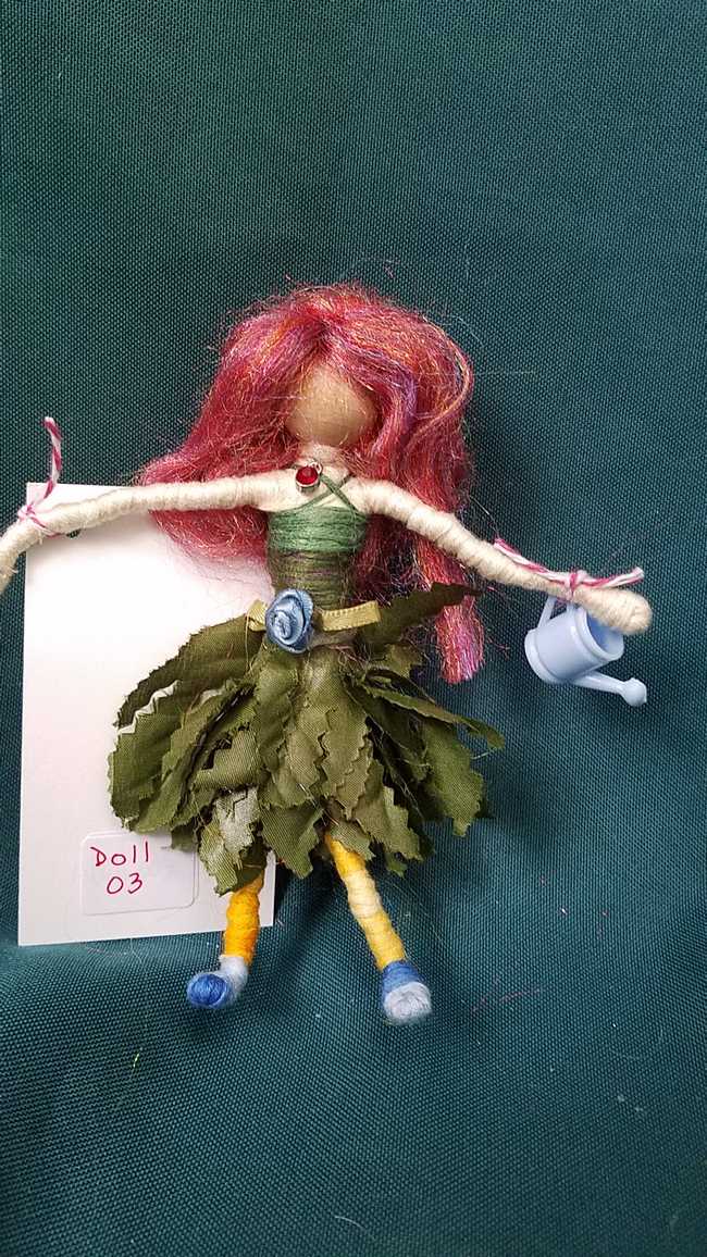 Fairy Doll & Accessories - 11 Piece Set -  Purple Hair - Green Leaf Skirt -  6'' Tall - Handmade