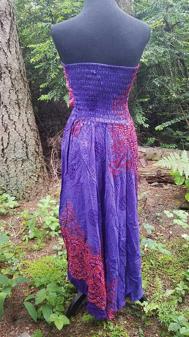Strapless Dress - Purple & Red - Smocked Bodice - Rayon - One Size
