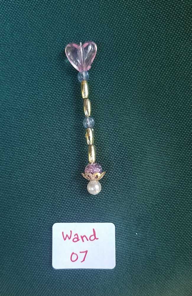 Miniature Fairy  Wand - Dolls - Silver & Purple Beads - Pearls - Pink Heart - 2'' - Hand Made