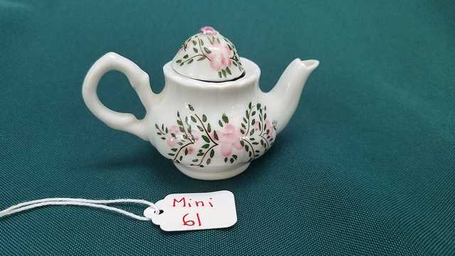 Miniature Teapot - Vintage - White with Green Leaves & Pink Flowers - 2 High