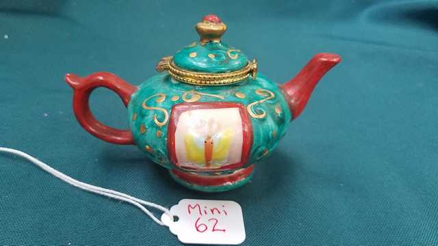 Miniature Teapot - Vintage - Turquoise with Gold Trim - Yellow Butterflies -  Gold Swirls - 2.5 High