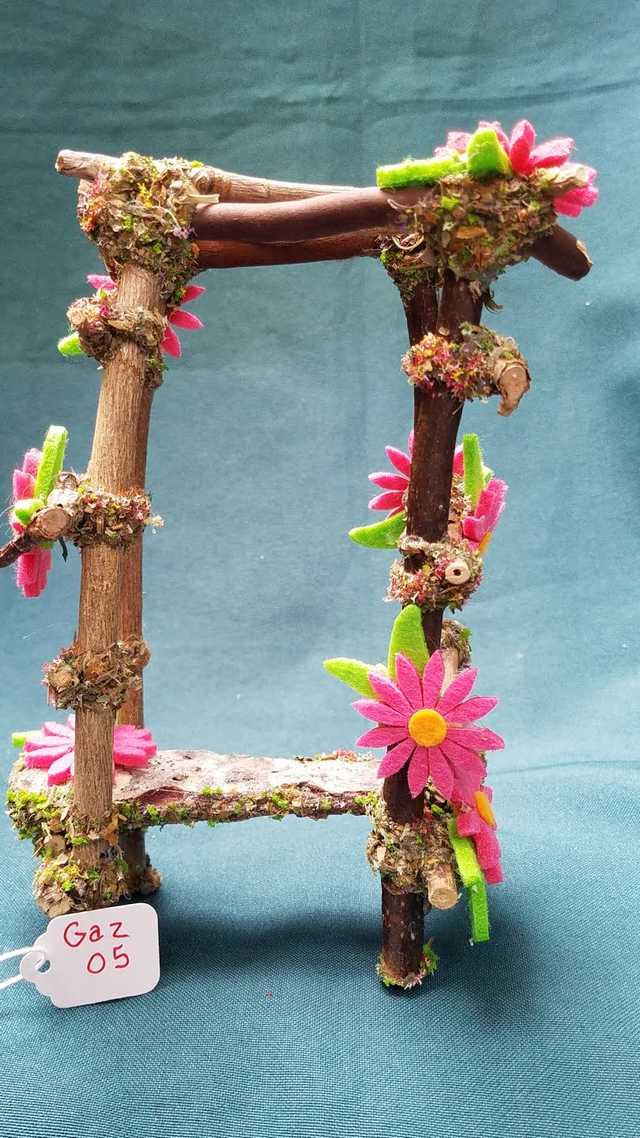 Twig Gazebo with Pink Daisies - 7'' Tall - Fairy - Fairy Garden - Doll House - Hand Made