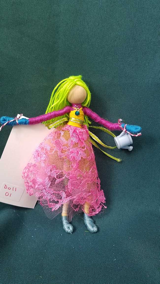 Fairy Doll & Accessories - 11 Piece Set -  Green Hair - Pink Lace Skirt -  6'' Tall - Handmade