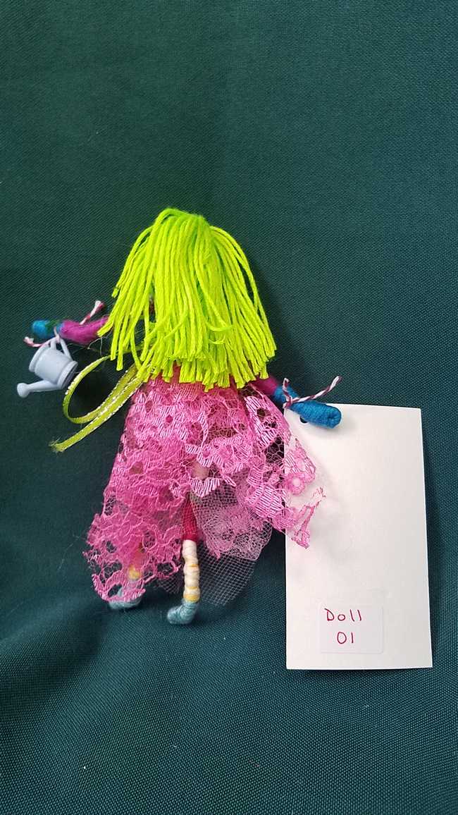 Fairy Doll & Accessories - 11 Piece Set -  Green Hair - Pink Lace Skirt -  6'' Tall - Handmade