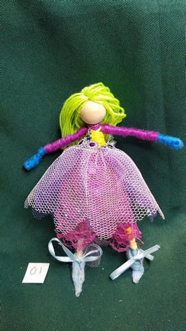 Fairy Doll & Accessories - 11 Piece Set -  Green Hair - Pink Lace Skirt -  6'' Tall - Handmade