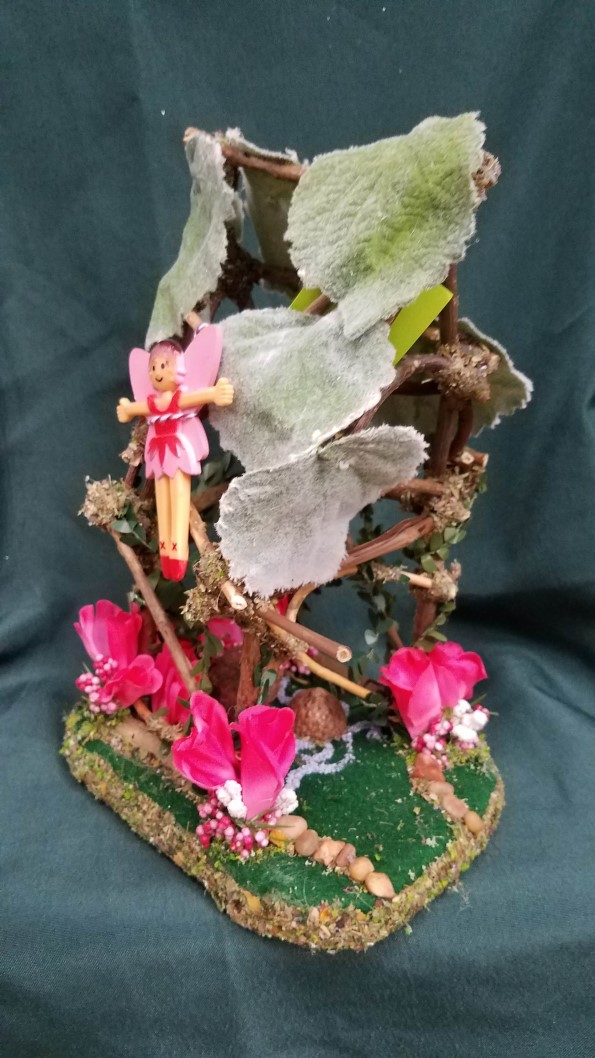 Twig Fairy House - Pink Flowers - Leaf Roof -  Table - Fairy Garden - Fairy Doll Included - 9'' Tall - Hand Made