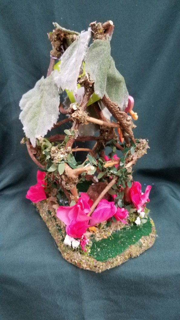 Twig Fairy House - Pink Flowers - Leaf Roof -  Table - Fairy Garden - Fairy Doll Included - 9'' Tall - Hand Made