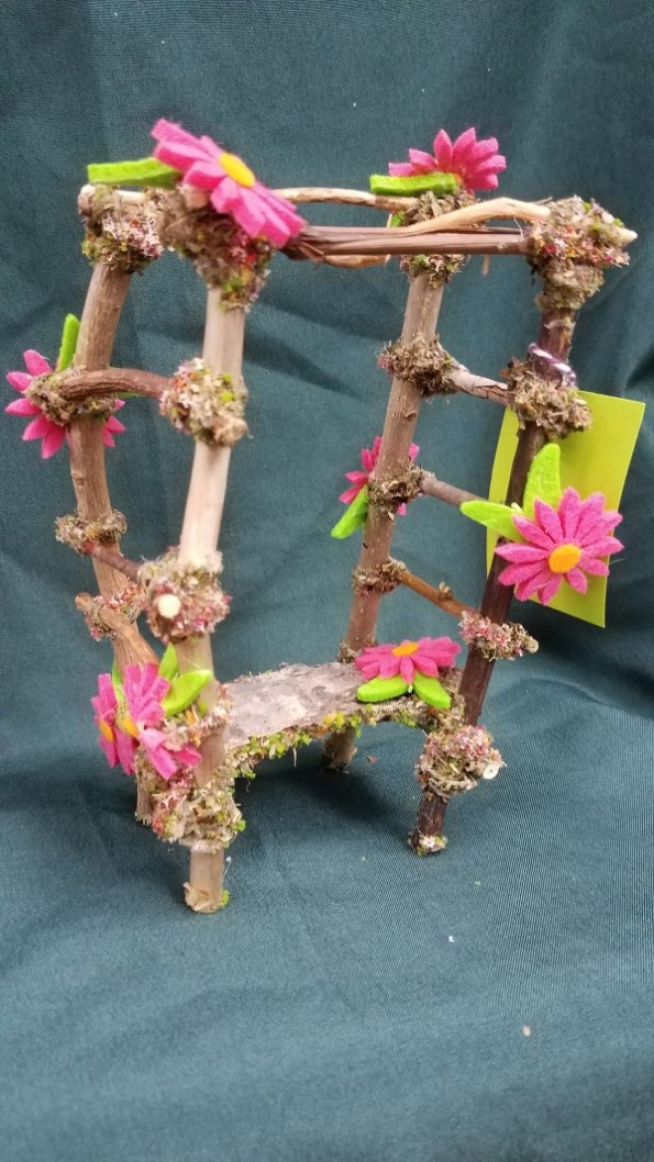 Twig Gazebo with  Pink Daisies - 7'' Tall - Fairy - Fairy Garden - Doll House - Hand Made