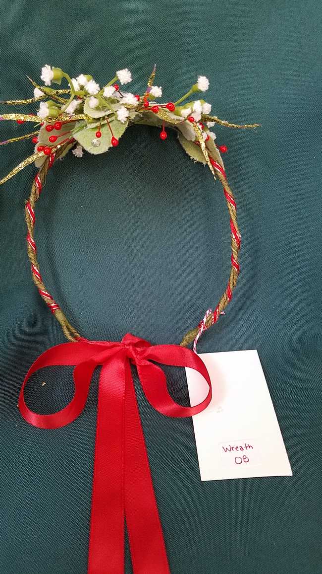 Hair Wreath - Adjustable Size - Fairy - White Flowers -Red Ribbon - Green Spires - Wedding - Festival - LARP - Hand Made