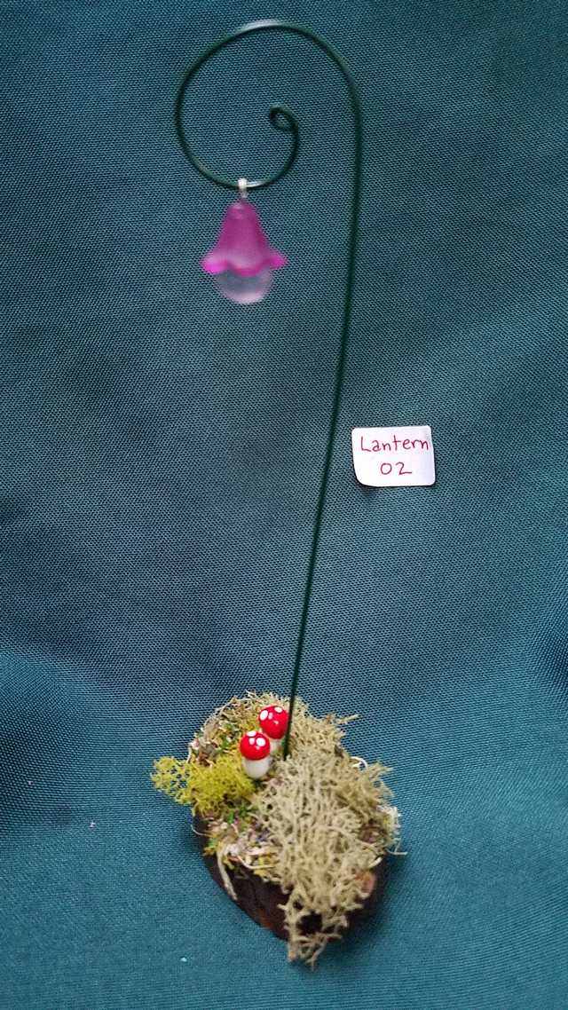 Miniature Lantern - Purple Lamp - Wood Base - Moss - Mushroms - Fairy Garden - Dollhouse - 6'' Tall - Hand Made