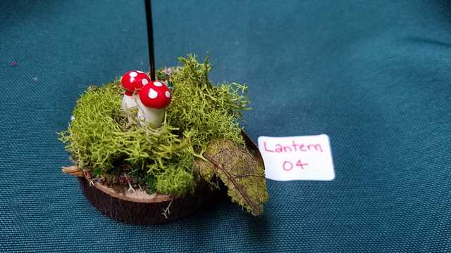 Miniature Lantern - Green Lamp - Wood Base - Moss - Mushrooms - Fairy Garden - Dollhouse - 6'' Tall - Hand Made