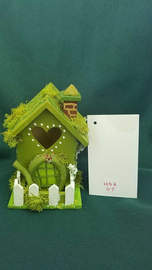 Miniature Wood Fairy House - Moss Green - Chimney - Picket Fence - Vines -  Fairy Garden - 5 Tall - Hand Made