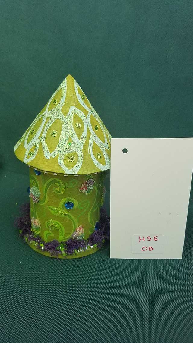 Miniature Wood Fairy House - Round - Moss Green - Vines - Fairy Garden - 5'' Tall Hand Made