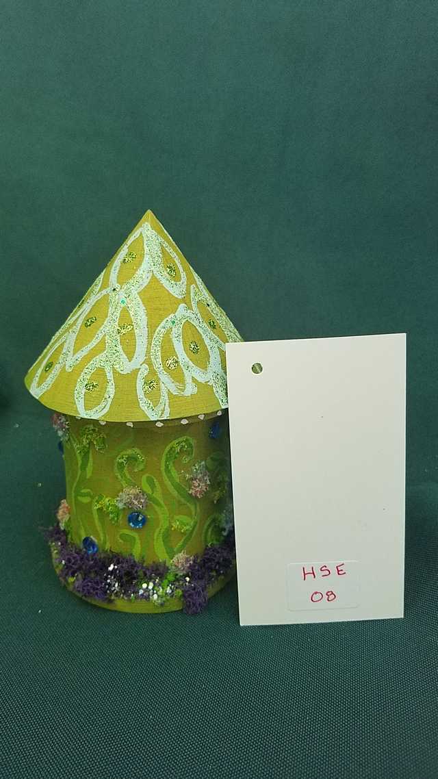 Miniature Wood Fairy House - Round - Moss Green - Vines - Fairy Garden - 5'' Tall Hand Made