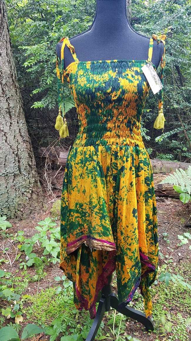 Read more: Tie Dye Dress - Dark Green & Goldenrod - Silk - Layered Skirt - Shoulder Ties - Fairy - One Size