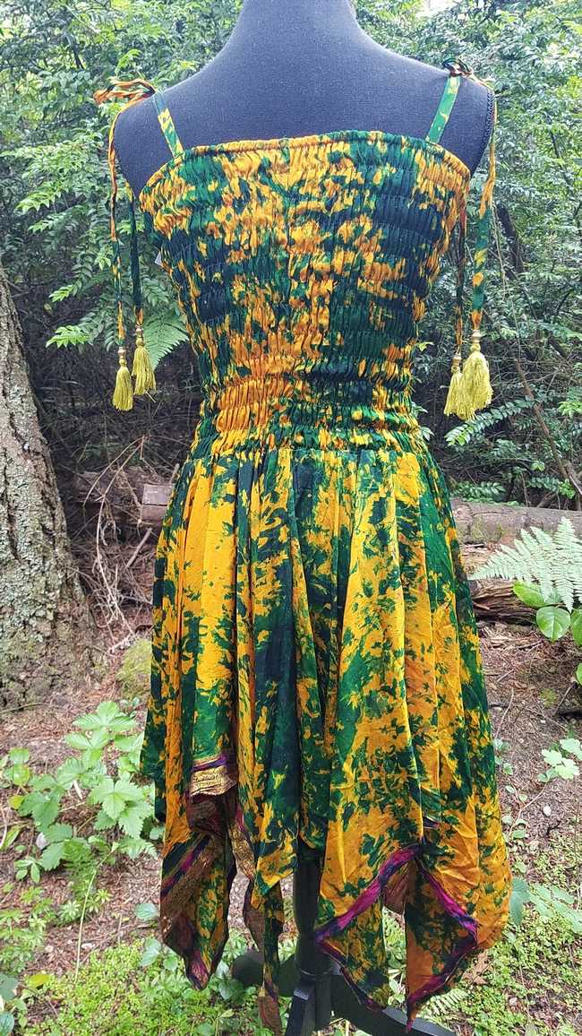 Tie Dye Dress - Dark Green & Goldenrod - Silk - Layered Skirt - Shoulder Ties - Fairy - One Size