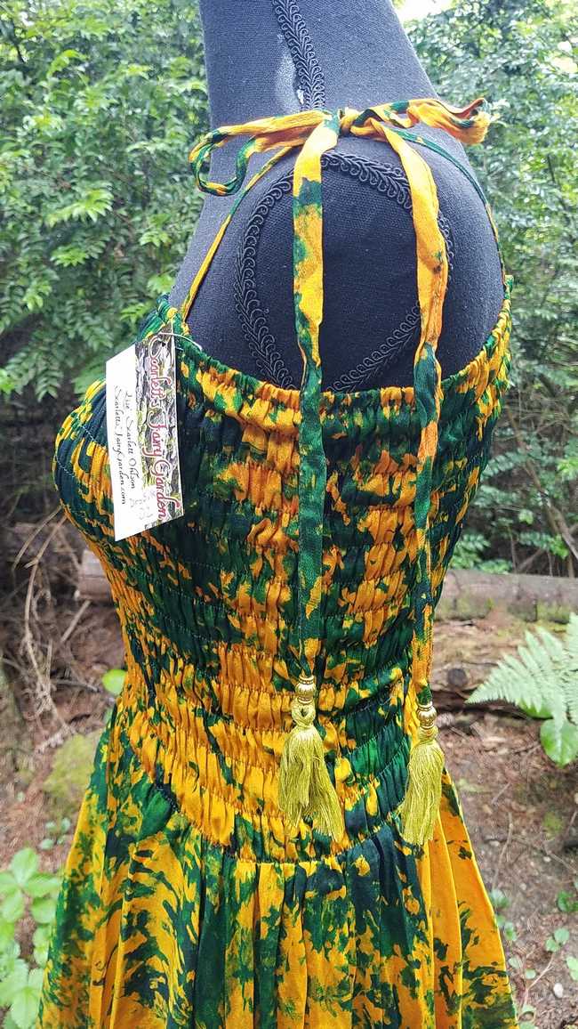 Tie Dye Dress - Dark Green & Goldenrod - Silk - Layered Skirt - Shoulder Ties - Fairy - One Size