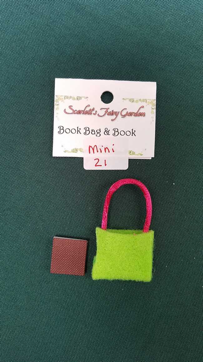 Miniature Green Felt Book Bag - Tiny Book Included - Dollhouse - Fairy - Barbie - 2'' - Hand Made