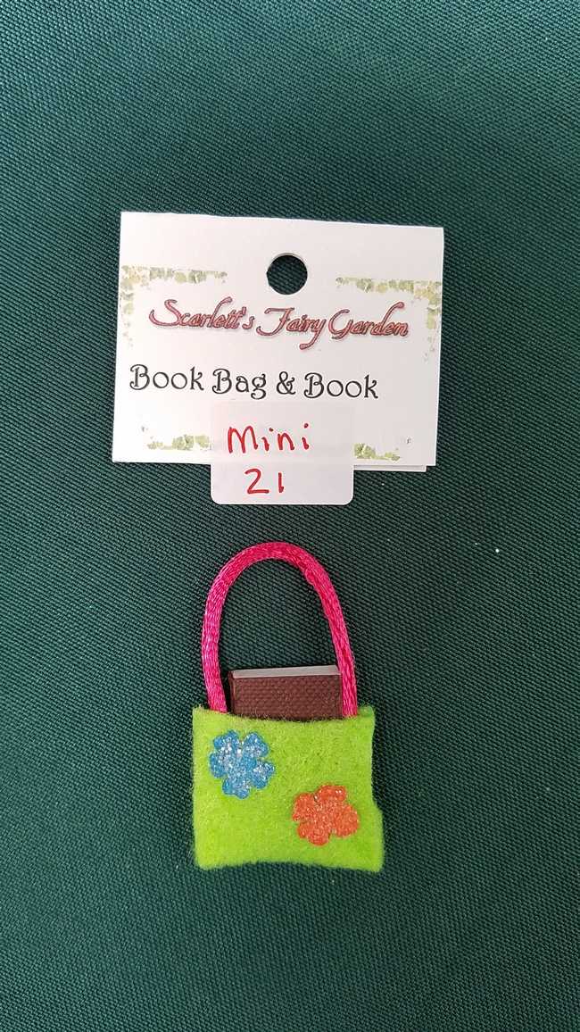 Miniature Green Felt Book Bag - Tiny Book Included - Dollhouse - Fairy - Barbie - 2'' - Hand Made