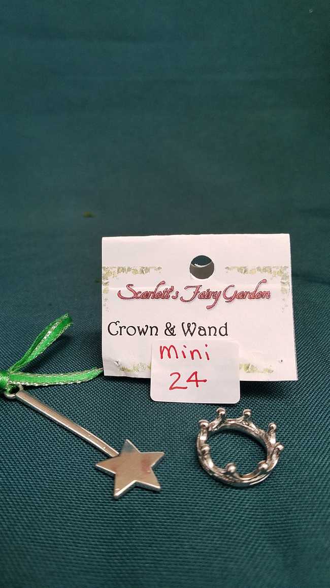 Miniature Silver Fairy Crown with Tiny Silver Wand - Dollhouse - Fairy - 1''