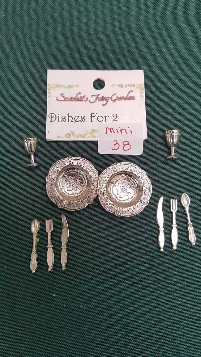 Miniature Pewter Dishes and Goblets - Knives - Forks - Spoons - Dollhouse - Fairy - Barbie - 10 piece set