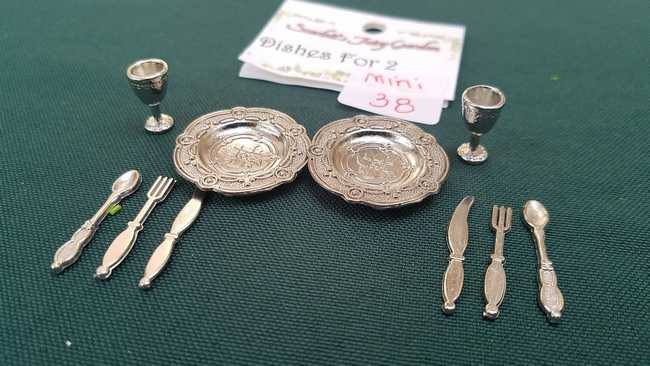 Miniature Pewter Dishes and Goblets - Knives - Forks - Spoons - Dollhouse - Fairy - Barbie - 10 piece set