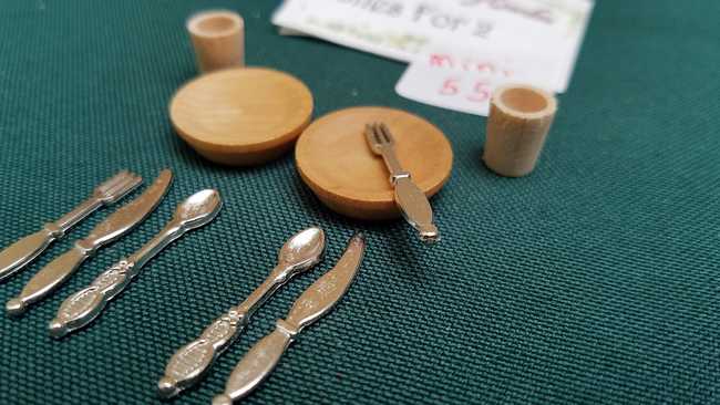 Miniature Wood Plates - Wood Cups - Knives - Forks - Spoons - Dollhouse - Fairy - Barbie - 10 piece set