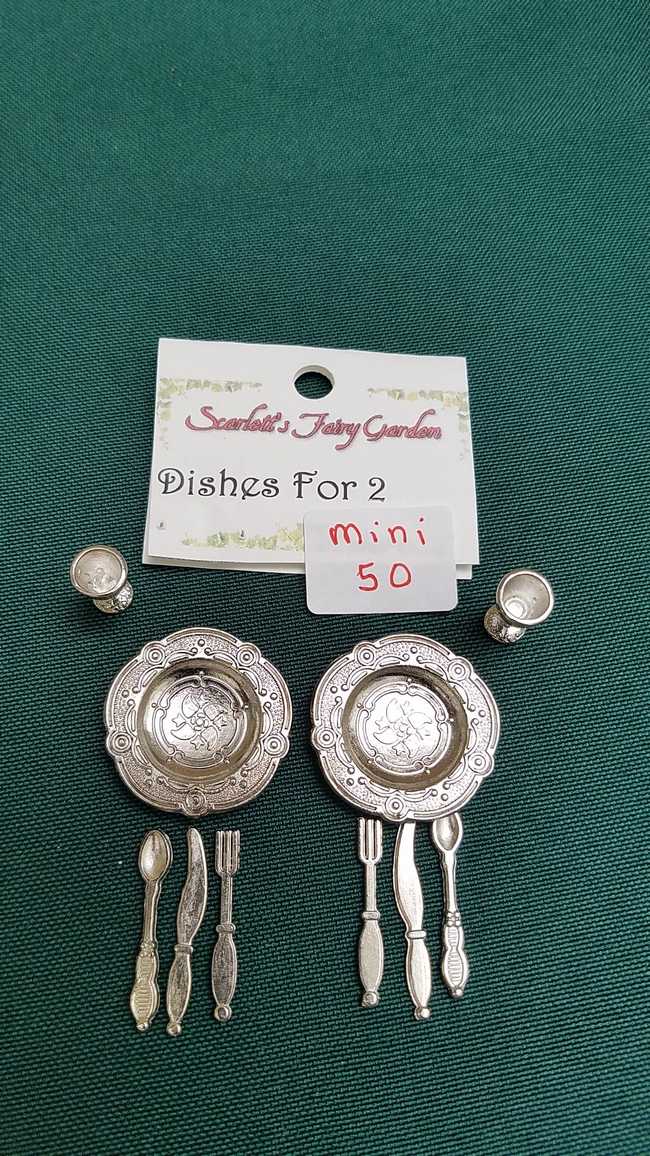 Miniature Pewter Dishes and Goblets - Knives - Forks - Spoons - Dollhouse - Fairy - Barbie - 10 piece set