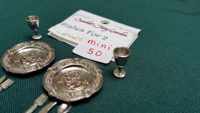 Miniature Pewter Dishes and Goblets - Knives - Forks - Spoons - Dollhouse - Fairy - Barbie - 10 piece set