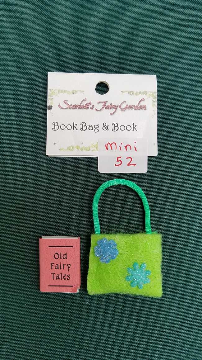 Miniature Green Felt Book Bag - Fairy Tale Book Included - Dollhouse - Fairy - Barbie - 2'' - Hand Made