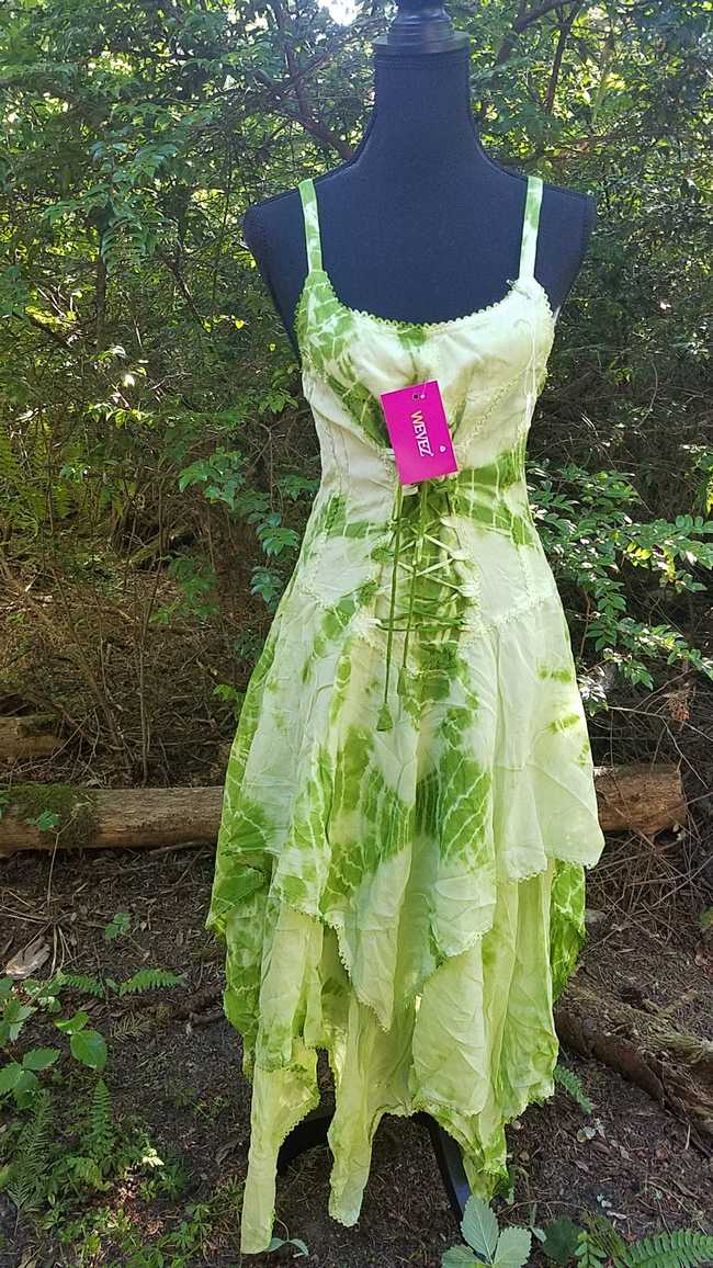 Tie Dye Dress - Dark Green & Light Green - Layered Skirt - Lace Up Corset Style - Rayon - One Size