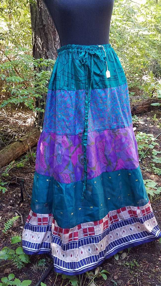 Maxi Skirt -  Purple/Green/Brown - Elastic Waist - 8 Tiers - Indian - Banjara - Tribal - Festival - Silk - One Size