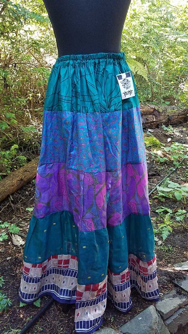 Maxi Skirt -  Purple/Green/Brown - Elastic Waist - 8 Tiers - Indian - Banjara - Tribal - Festival - Silk - One Size