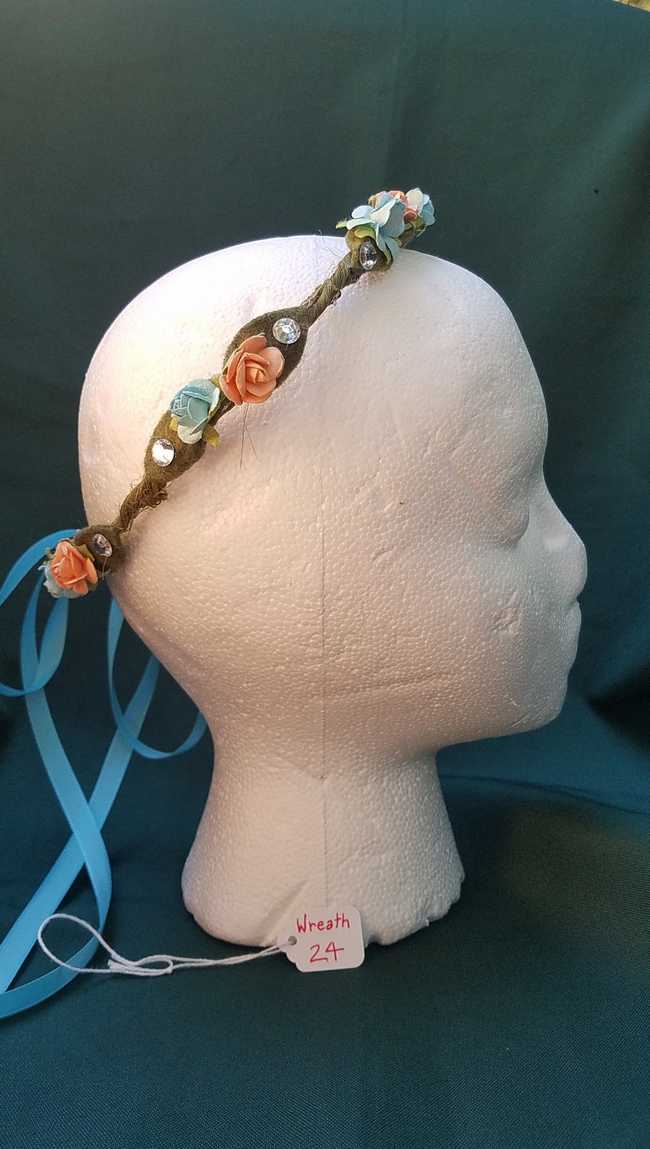 Hair Wreath - Adjustable Size - Fairy - Blue & Peach Flowers - Blue Ribbon - Wedding - Festival - LARP - Hand Made