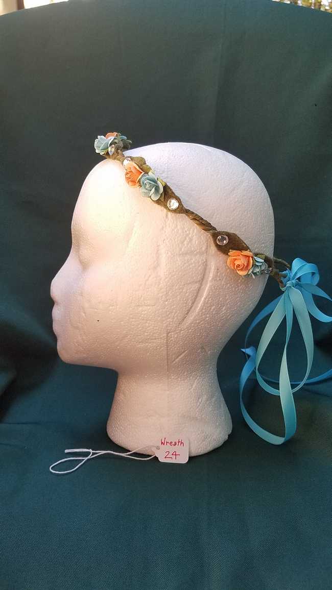 Hair Wreath - Adjustable Size - Fairy - Blue & Peach Flowers - Blue Ribbon - Wedding - Festival - LARP - Hand Made