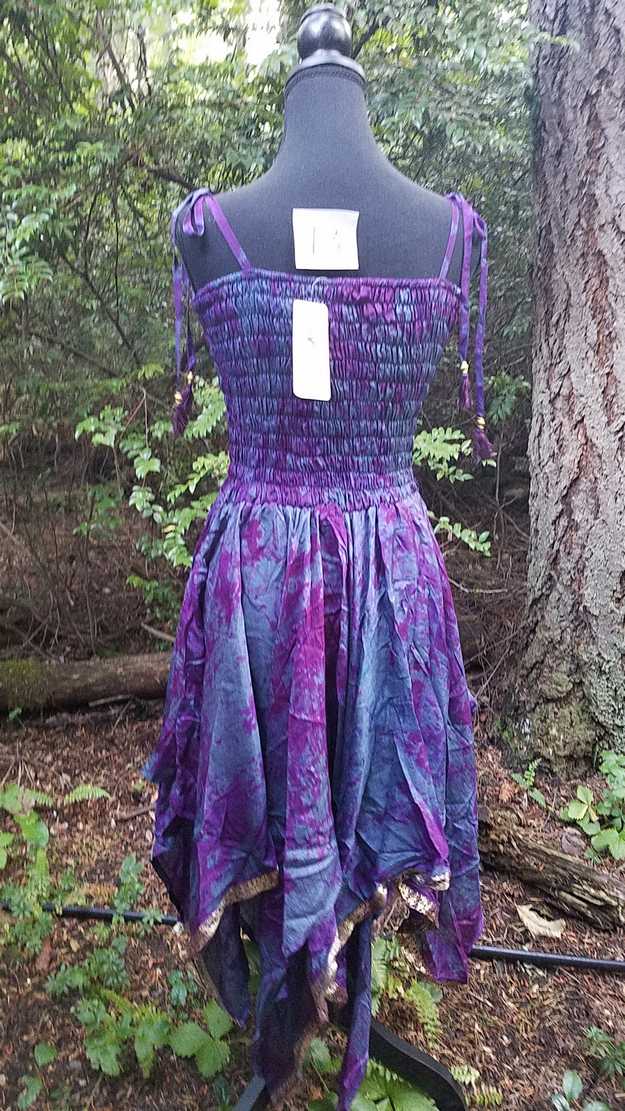 Tie Dye Dress - Blue & Purple - Layered Skirt - Shoulder Ties - Smocked Bodice - Silk - One Size