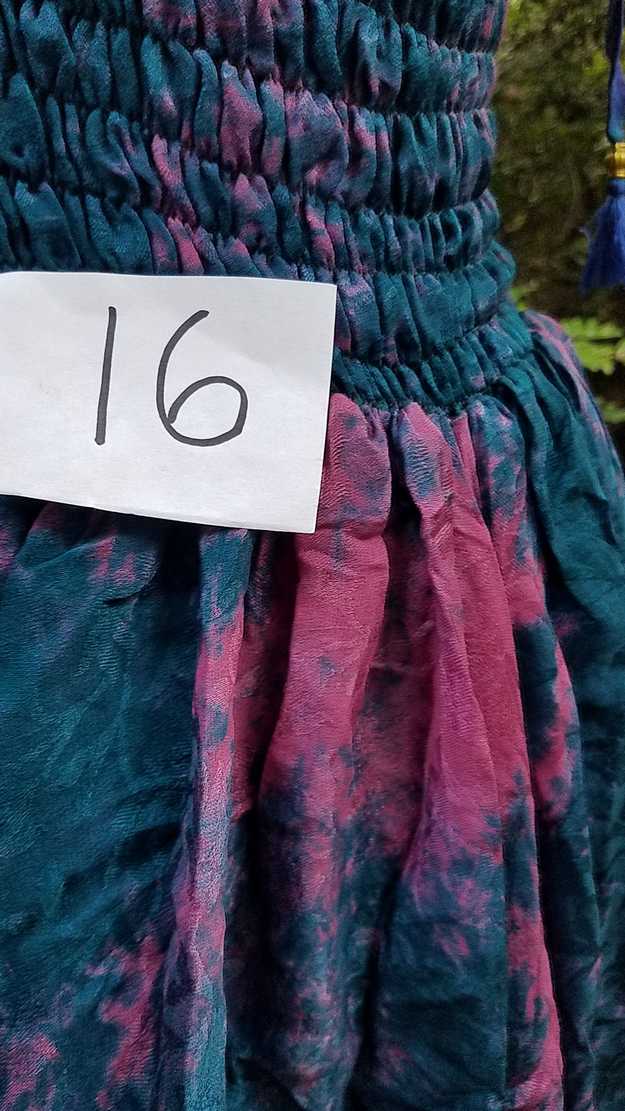 Tie Dye Dress - Dark Pink & Blue - Layered Skirt - Shoulder Ties - Smocked Bodice - Silk - One Size