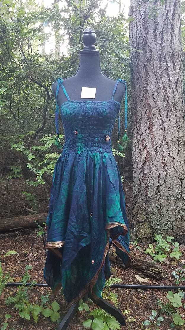 Tie Dye Dress - Dark Green & Dark Blue - Layered Skirt - Shoulder Ties - Smocked Bodice - Silk - One Size