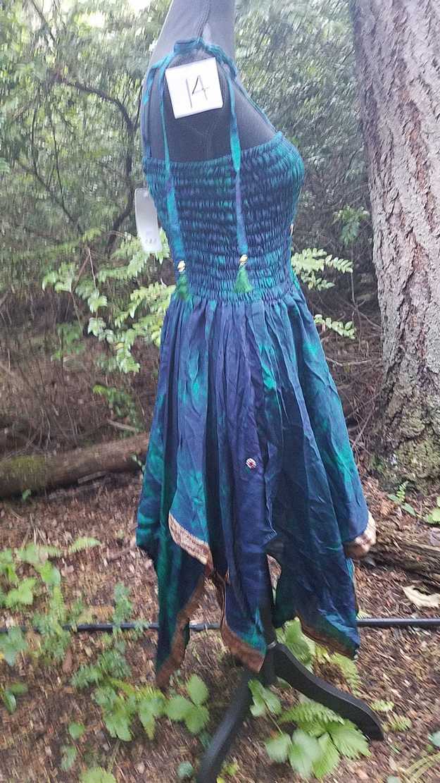 Tie Dye Dress - Dark Green & Dark Blue - Layered Skirt - Shoulder Ties - Smocked Bodice - Silk - One Size