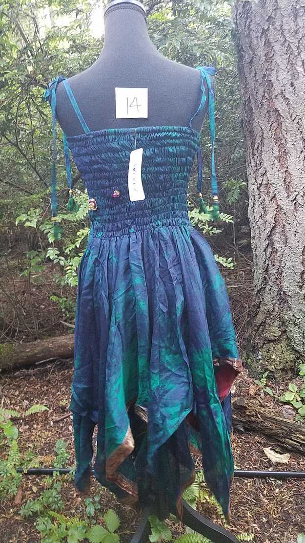 Tie Dye Dress - Dark Green & Dark Blue - Layered Skirt - Shoulder Ties - Smocked Bodice - Silk - One Size