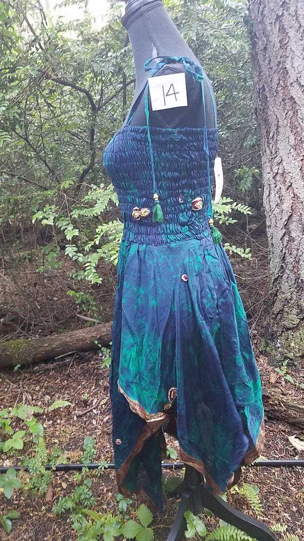 Tie Dye Dress - Dark Green & Dark Blue - Layered Skirt - Shoulder Ties - Smocked Bodice - Silk - One Size