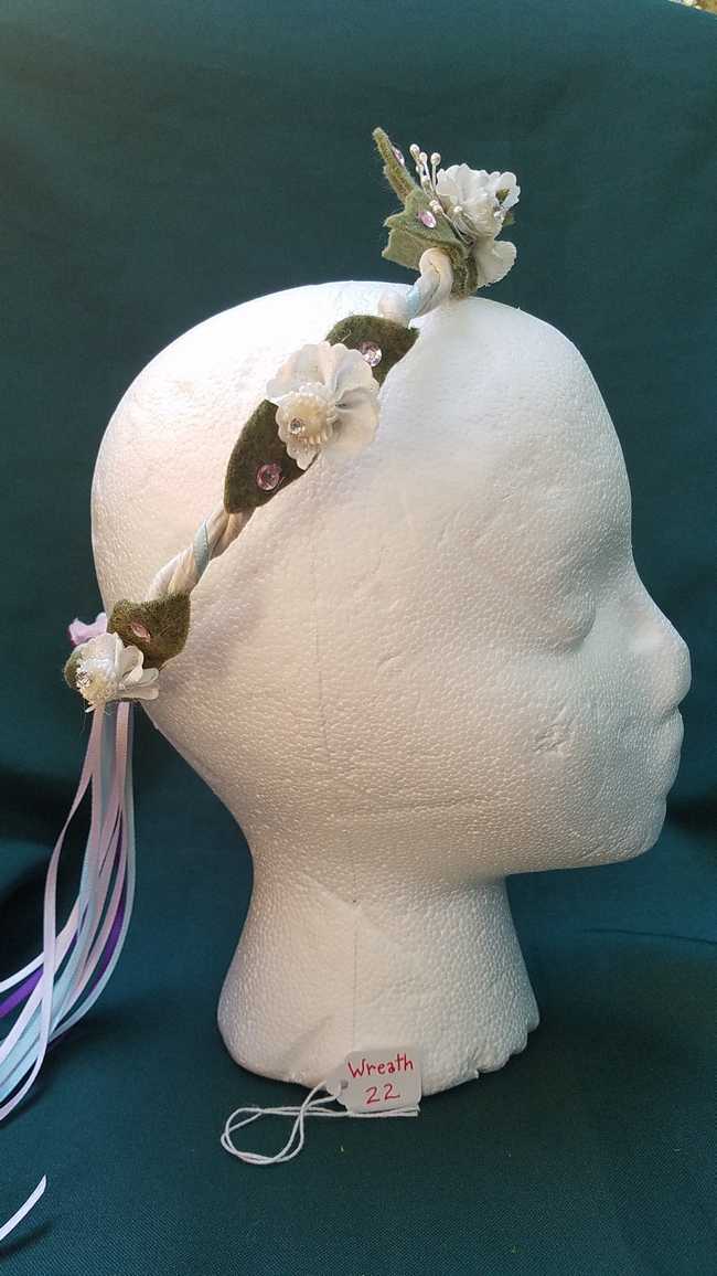 Hair Wreath - Fairy - White Flowers - Pink Gems - Pink/Blue/Purple Ribbon - Wedding - Festival - Hand Made