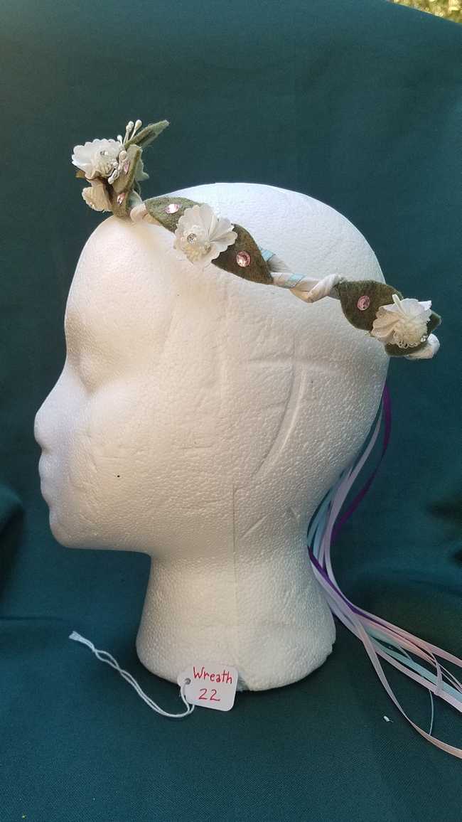 Hair Wreath - Fairy - White Flowers - Pink Gems - Pink/Blue/Purple Ribbon - Wedding - Festival - Hand Made