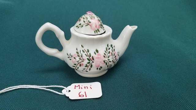 Miniature Teapot - Vintage - White with Green Leaves & Pink Flowers - 2'' High