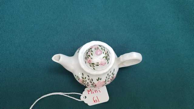 Miniature Teapot - Vintage - White with Green Leaves & Pink Flowers - 2'' High