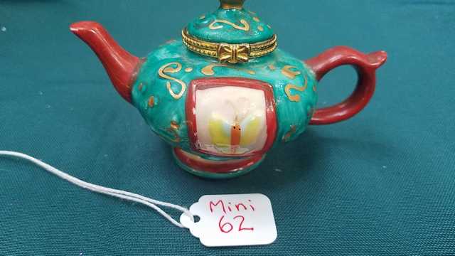 Miniature Teapot - Vintage - Turquoise with Gold Trim - Yellow Butterflies -  Gold Swirls - 2.5'' High